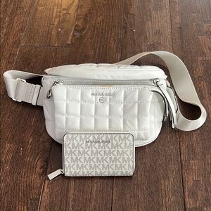 Michael Kors White Quilted Belt Bag and Wallet Set